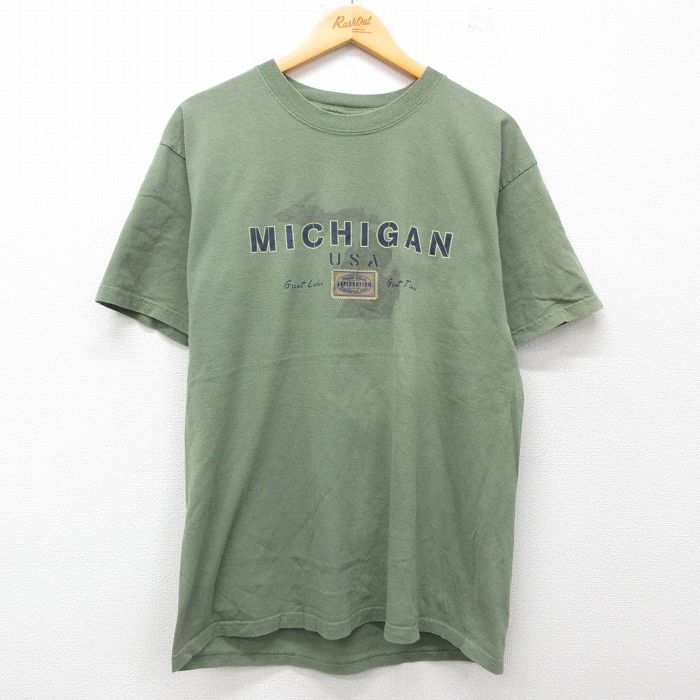 L★古着 半袖 ビンテージ Tシャツ メンズ 00年代 00s ミシガン コットン クルーネック 緑 グリーン 25jul19 中古