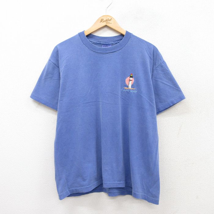 XL★古着 半袖 ビンテージ Tシャツ メンズ 90年代 90s 灯台 ケープメイ コットン クルーネック USA製 薄紺 ネイビー 25jul22 中古