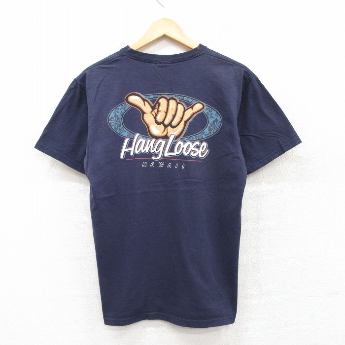 M★古着 半袖 ビンテージ Tシャツ メンズ 00年代 00s Hang Loose コットン クルーネック 紺 ネイビー 25jul22 中古