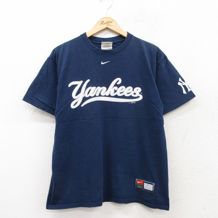 L★古着 ナイキ NIKE 半袖 ビンテージ Tシャツ メンズ 00年代 00s MLB ニューヨークヤンキース コットン クルーネック 紺 ネイビー メジャーリーグ ベースボール 野球 【spe】 25jul22 中古