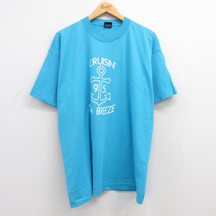XL★古着 フルーツオブザルーム 半袖 ビンテージ Tシャツ メンズ 90年代 90s イカリ クルーネック USA製 水色 25jul22 中古