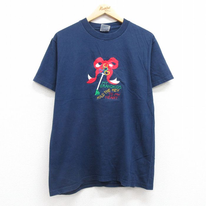 M★古着 ヘインズ Hanes 半袖 ビンテージ Tシャツ メンズ 00年代 00s リボン ハート カギ 刺繍 コットン クルーネック 紺 ネイビー 25jul22 中古