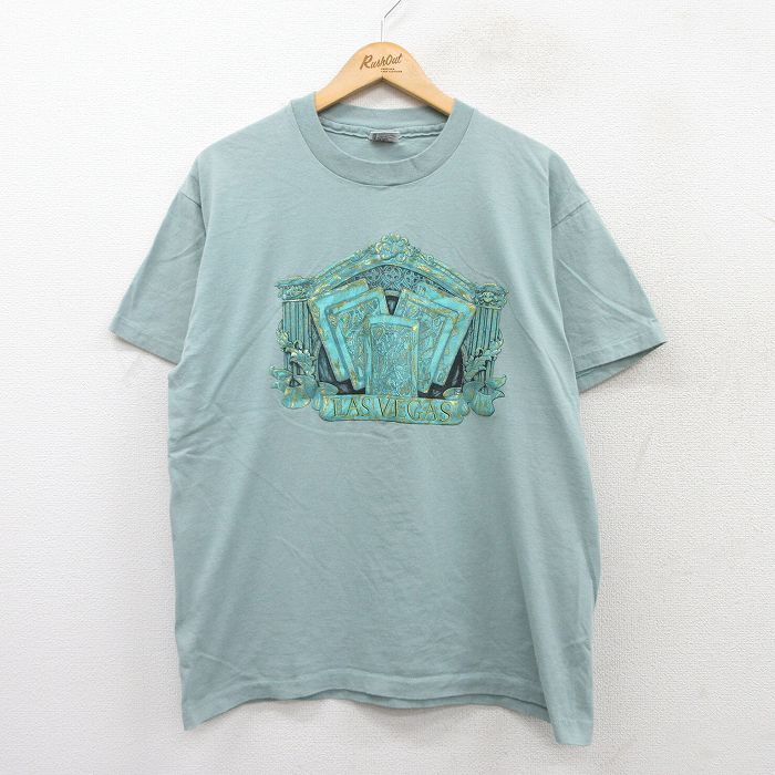 L★古着 半袖 ビンテージ Tシャツ メンズ 90年代 90s ラスベガス コットン クルーネック USA製 薄緑系 グリーン 【spe】 25jul22 中古