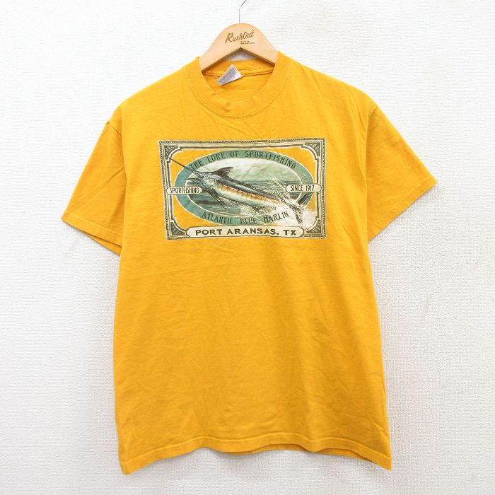 【50%OFF】M★古着 ヘインズ Hanes 半袖 ビンテージ Tシャツ メンズ 00年代 00s カジキ コットン クルーネック 黄 イエロー 25jul22 中古