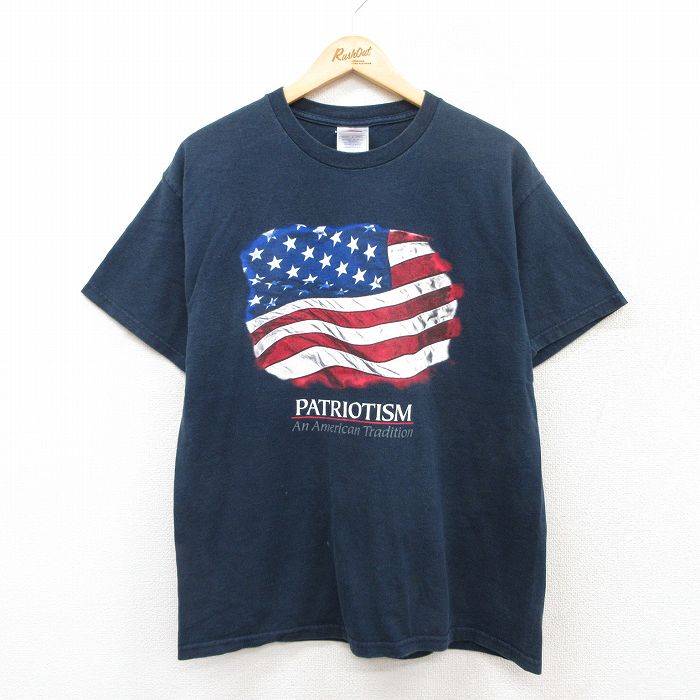 L★古着 半袖 ビンテージ Tシャツ メンズ 00年代 00s 星条旗 PATRIOTISM コットン クルーネック 紺 ネイビー 25jul22 中古