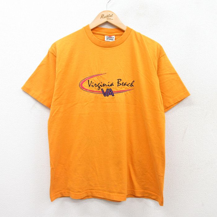 L★古着 半袖 ビンテージ Tシャツ メンズ 90年代 90s バージニアビーチ 刺繍 クルーネック USA製 オレンジ系 【spe】 25jul22 中古