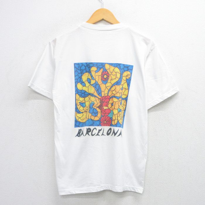 【20%OFF】L★古着 半袖 ビンテージ Tシャツ メンズ 90年代 90s BARCELONA クルーネック 白 ホワイト 25jul23 中古