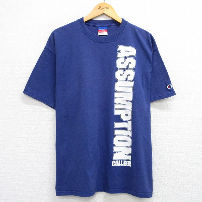 XL★古着 チャンピオン champion 半袖 ビンテージ Tシャツ メンズ 00年代 00s ASSUMPTION 大きいサイズ クルーネック 紺 ネイビー 25jul23 中古