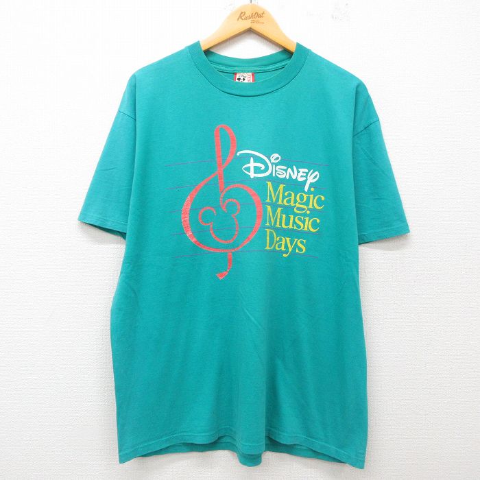 XL★古着 半袖 ビンテージ Tシャツ メンズ 90年代 90s ディズニー DISNEY マジックミュージックデイズ コットン クルーネック USA製 青緑 25jul23 中古