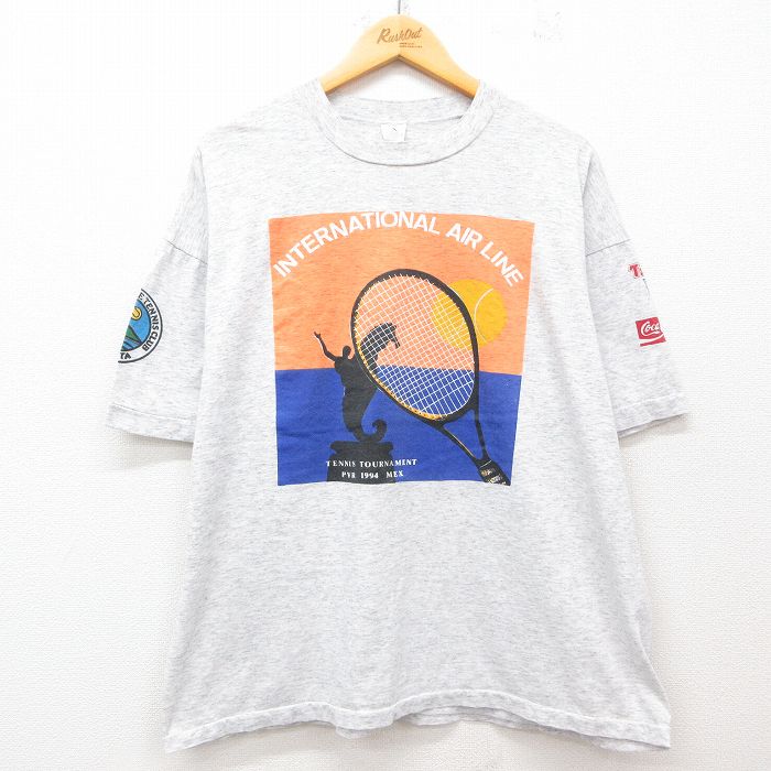 XL★古着 半袖 ビンテージ Tシャツ メンズ 90年代 90s テニス 大きいサイズ クルーネック 薄グレー 霜降り 25jul23 中古