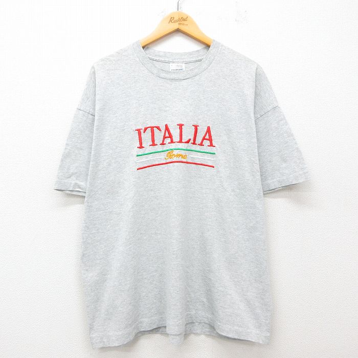 XL★古着 スクリーンスターズ フルーツオブザルーム 半袖 ビンテージ Tシャツ メンズ 90年代 90s イタリア 刺繍 大きいサイズ クルーネック アイルランド製 薄グレー 霜降り 25jul23 中古
