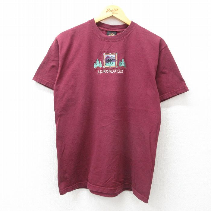 M★古着 半袖 ビンテージ Tシャツ メンズ 00年代 00s ADIRODACKS シカ 刺繍 コットン クルーネック エンジ 25jul23 中古