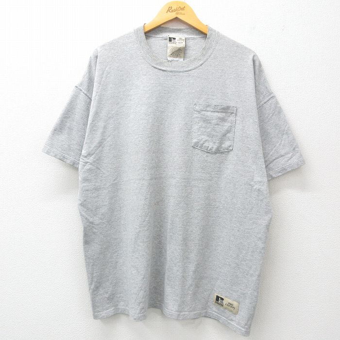 XL★古着 ラッセル 半袖 ビンテージ Tシャツ メンズ 90年代 90s 無地 胸ポケット付き 大きいサイズ クルーネック USA製 グレー 25jul23 中古