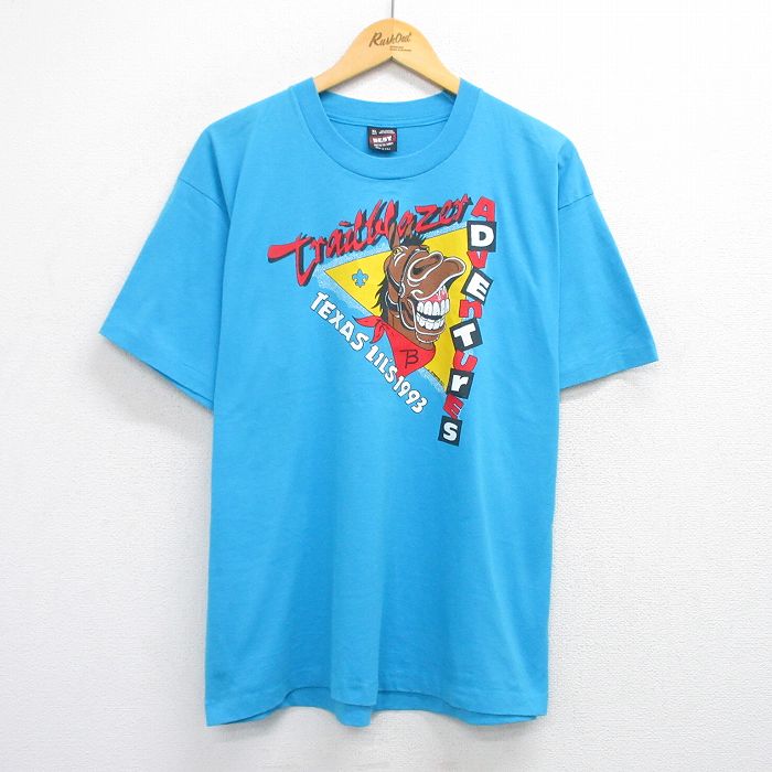 XL★古着 フルーツオブザルーム 半袖 ビンテージ Tシャツ メンズ 90年代 90s 馬 クルーネック USA製 水色 25jul25 中古