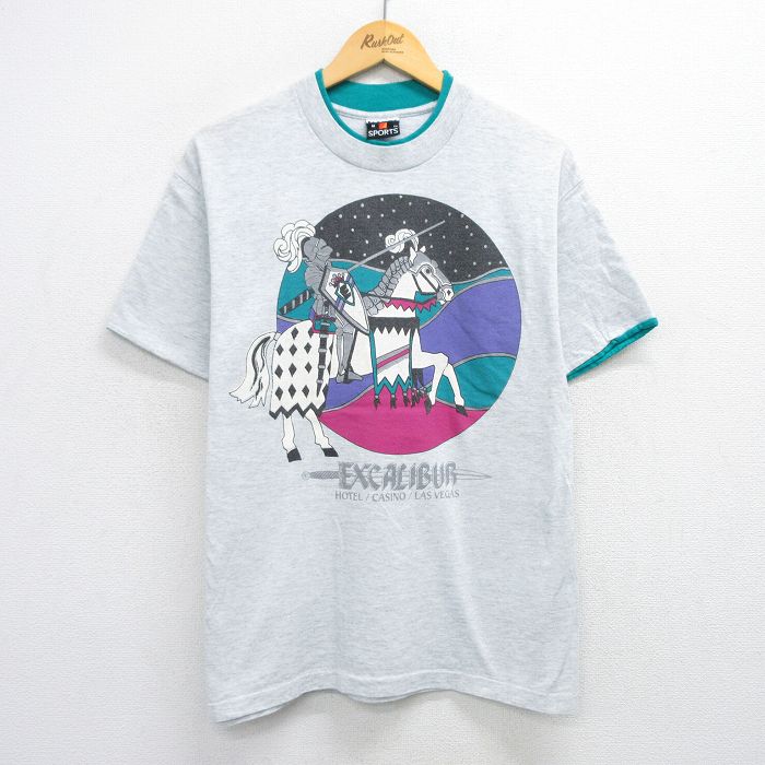 L★古着 SIGNAL 半袖 ビンテージ Tシャツ メンズ 90年代 90s 騎士 馬 コットン クルーネック USA製 薄グレー 霜降り 25jul25 中古