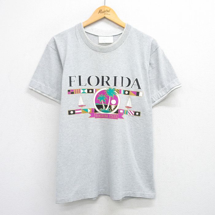 L★古着 半袖 ビンテージ Tシャツ メンズ 80年代 80s フロリダ ヤシの木 ヨット クルーネック 薄グレー他 ボーダー 25jul25 中古