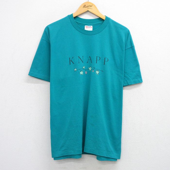 XL★古着 ヘインズ Hanes 半袖 ビンテージ Tシャツ メンズ 90年代 90s KNAPP クルーネック USA製 青緑 25jul25 中古