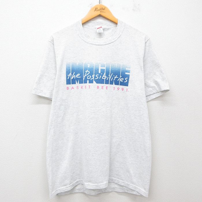 L★古着 半袖 ビンテージ Tシャツ メンズ 90年代 90s IMAGINE クルーネック USA製 薄グレー 霜降り 25jul25 中古