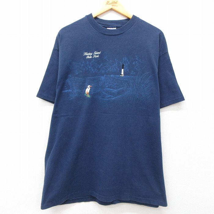 XL★古着 ヘインズ Hanes 半袖 ビンテージ Tシャツ メンズ 90年代 90s 鳥 灯台 大きいサイズ コットン クルーネック USA製 紺 ネイビー 25jul25 中古