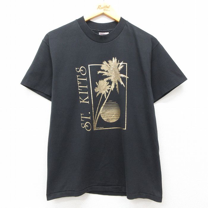 【50%OFF】M★古着 ヘインズ Hanes 半袖 ビンテージ Tシャツ メンズ 80年代 80s ヤシの木 セントキッツ クルーネック 黒 ブラック 25jul25 中古
