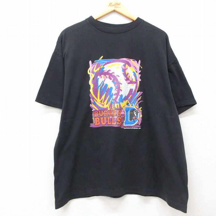 XL★古着 半袖 ビンテージ Tシャツ メンズ 90年代 90s MLB ダーラムブルズ 大きいサイズ コットン クルーネック USA製 黒 ブラック メジャーリーグ ベースボール 野球 25jul25 中古