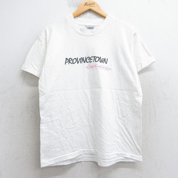 L★古着 オニータ ONEITA 半袖 ビンテージ Tシャツ メンズ 90年代 90s プロビンスタウン ケープコッド コットン クルーネック USA製 白 ホワイト 25jul25 中古