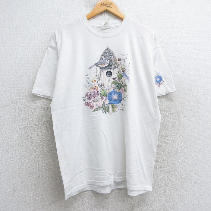 XL★古着 ジャージーズ 半袖 ビンテージ Tシャツ メンズ 90年代 90s 鳥カゴ 花 クルーネック 白 ホワイト 25jul25 中古