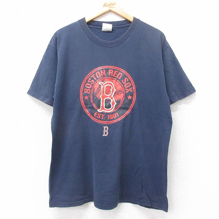 L★古着 マジェスティック 半袖 ビンテージ Tシャツ メンズ 00年代 00s MLB ボストンレッドソックス コットンクルーネック 紺 ネイビー メジャーリーグ ベースボール 野球 25jul25 中古