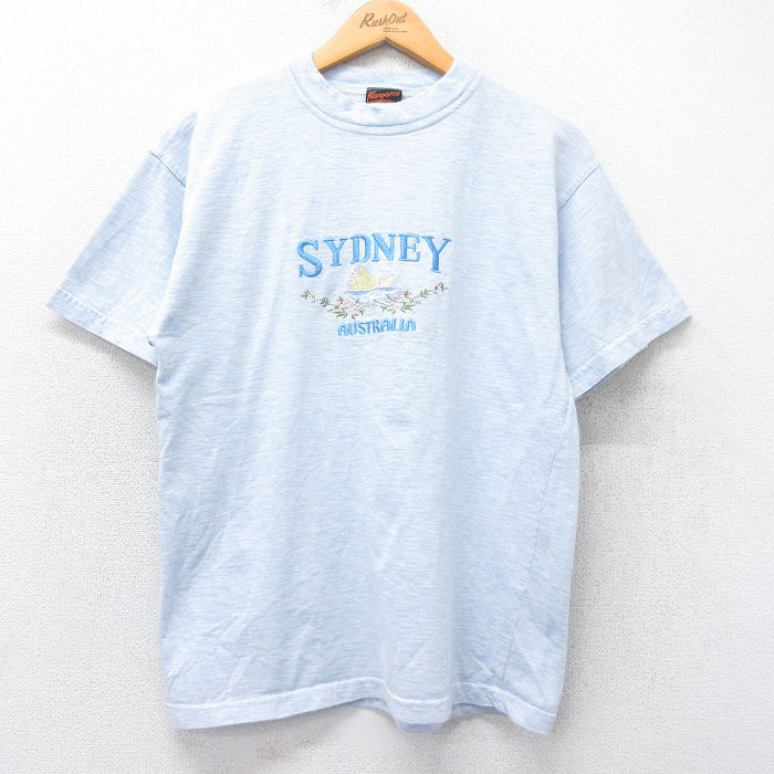 M★古着 半袖 ビンテージ Tシャツ メンズ 00年代 00s シドニー 刺繍 コットン クルーネック オーストラリア製 薄紺 ネイビー 霜降り 25jul25 中古