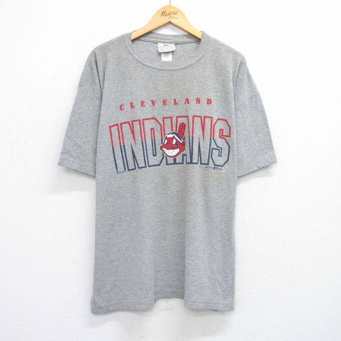 XL★古着 半袖 ビンテージ Tシャツ メンズ 90年代 90s MLB クリーブランドインディアンス メッシュ地 大きいサイズ クルーネック グレー 霜降り メジャーリーグ ベースボール 野球 【spe】 25jul25 中古