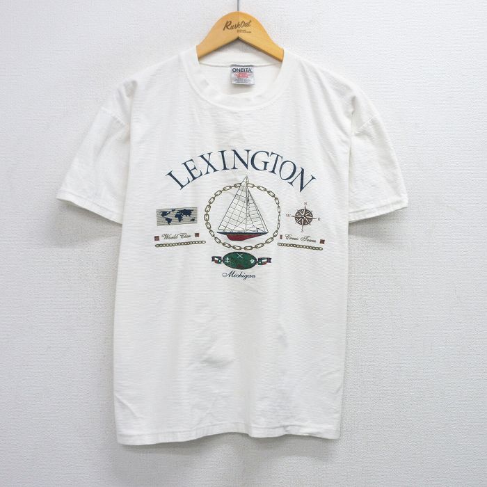 XL★古着 オニータ ONEITA 半袖 ビンテージ Tシャツ メンズ 90年代 90s ヨット レキシントン コットン クルーネック USA製 白 ホワイト 25jul25 中古