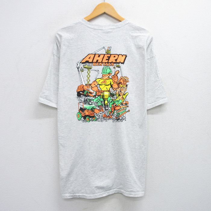 【50%OFF】XL★古着 半袖 ビンテージ Tシャツ メンズ 00年代 00s AHERN トラクター 胸ポケット付き 大きいサイズ クルーネック 薄グレー 霜降り 25jul25 中古