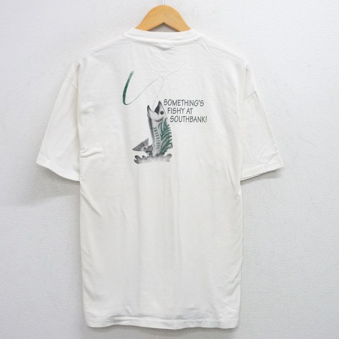 XL★古着 ヘインズ Hanes 半袖 ビンテージ Tシャツ メンズ 90年代 90s 魚 大きいサイズ コットン クルーネック USA製 白系 ホワイト 25jul25 中古