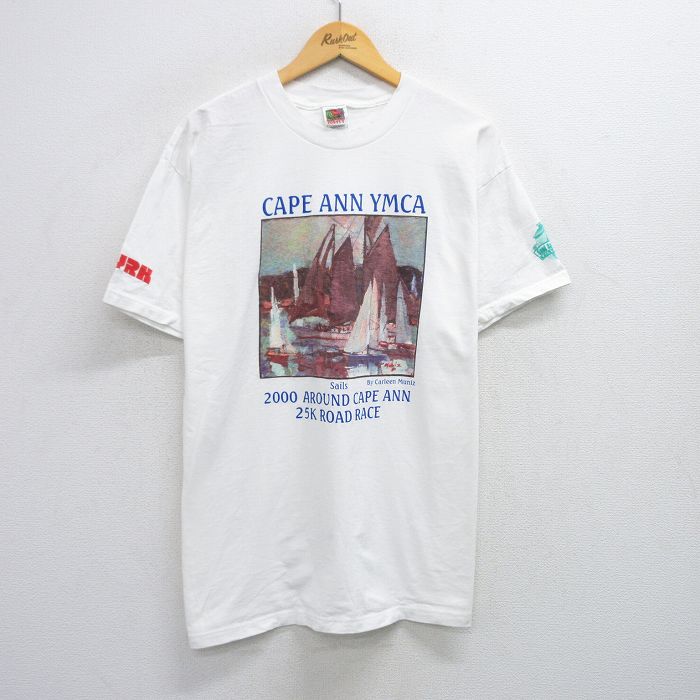 XL★古着 フルーツオブザルーム 半袖 ビンテージ Tシャツ メンズ 00年代 00s ヨット CAPE ANN YMCA コットン クルーネック 白 ホワイト 25jul25 中古