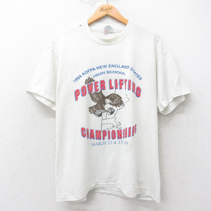 L★古着 ヘインズ Hanes 半袖 ビンテージ Tシャツ メンズ 90年代 90s パワーリフティング 鳥 クルーネック USA製 白 ホワイト 25jul25 中古