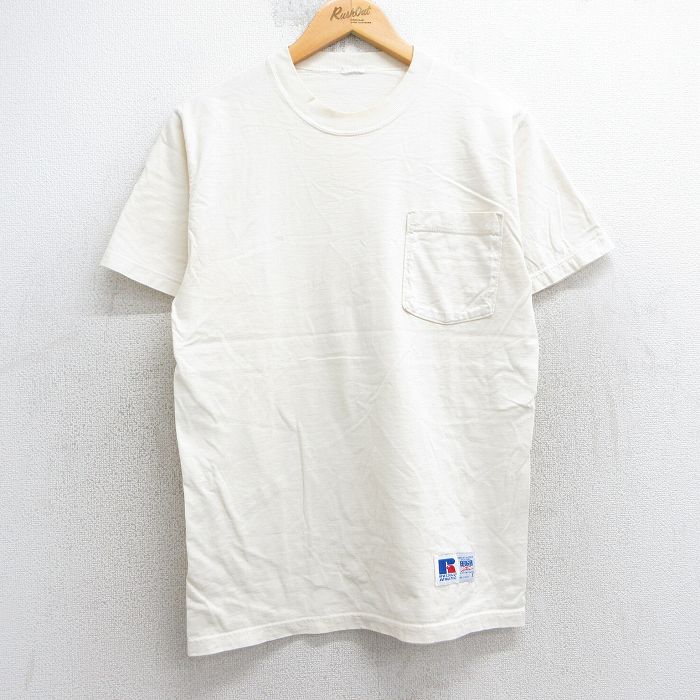 M★古着 ラッセル 半袖 ビンテージ Tシャツ メンズ 90年代 90s 無地 胸ポケット付き コットン クルーネック USA製 生成り 25jul25 中古