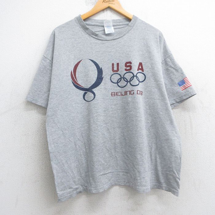 XL★古着 半袖 ビンテージ Tシャツ メンズ 00年代 00s USAロゴ 北京オリンピック 大きいサイズ クルーネック グレー 霜降り 25jul25 中古