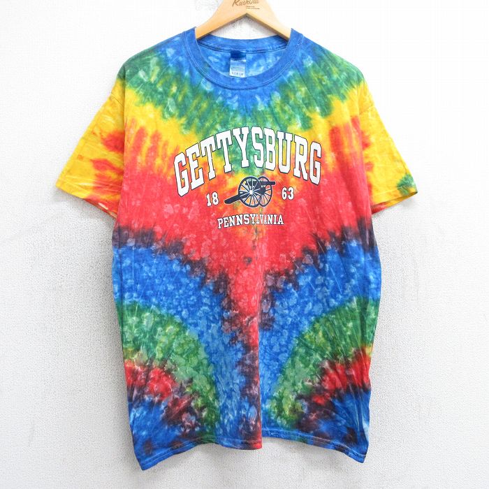 L★古着 半袖 ビンテージ Tシャツ メンズ 00年代 00s ゲティスバーグ コットン クルーネック 赤他 レッド タイダイ 25jul25 中古