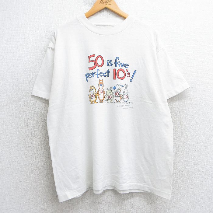XL★古着 半袖 ビンテージ Tシャツ メンズ 90年代 90s クマ ウサギ 犬 大きいサイズ クルーネック 白 ホワイト 25jul25 中古