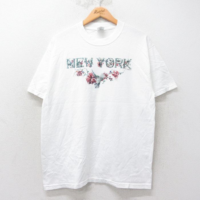 L★古着 ジャージーズ 半袖 ビンテージ Tシャツ メンズ 00年代 00s ニューヨーク 花 鳥 ラメ コットン クルーネック 白 ホワイト 25jul25 中古