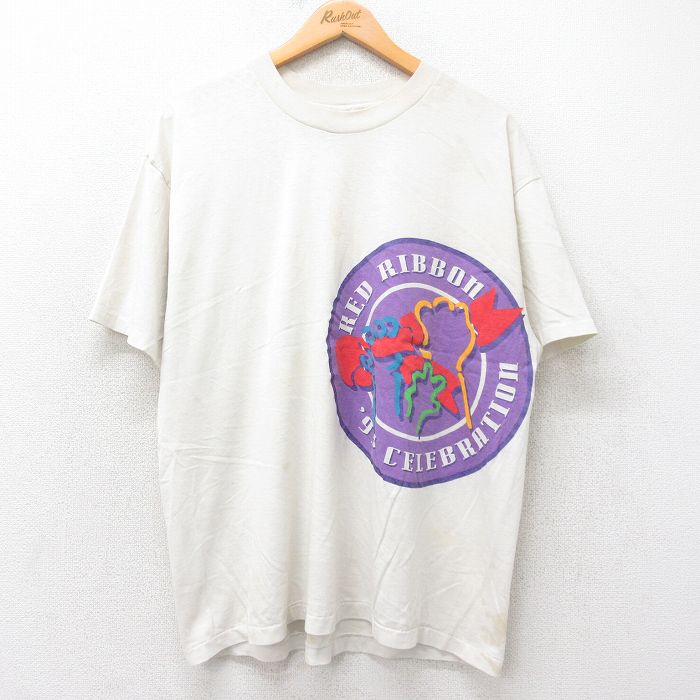 XL★古着 ヘインズ Hanes 半袖 ビンテージ Tシャツ メンズ 90年代 90s RED RIBBON クルーネック USA製 白 ホワイト 25jul25 中古