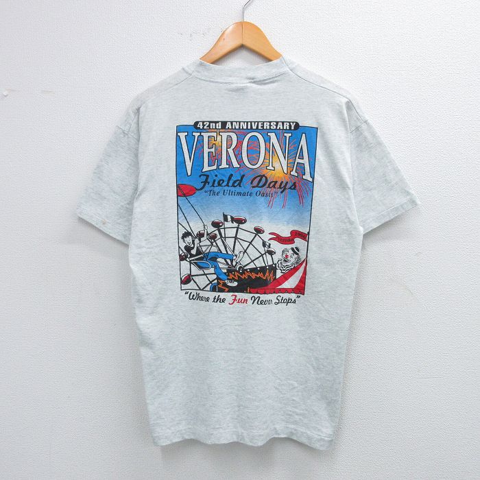 【20%OFF】L★古着 フルーツオブザルーム 半袖 ビンテージ Tシャツ メンズ 00年代 00s ヴェローナ 遊園地 クルーネック 薄グレー 霜降り 25jul26 中古
