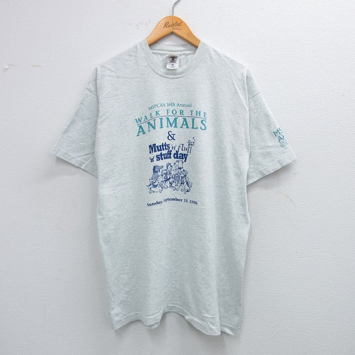 XL★古着 フルーツオブザルーム 半袖 ビンテージ Tシャツ メンズ 90年代 90s 犬 企業広告 クルーネック 薄グレー 霜降り 25jul26 中古
