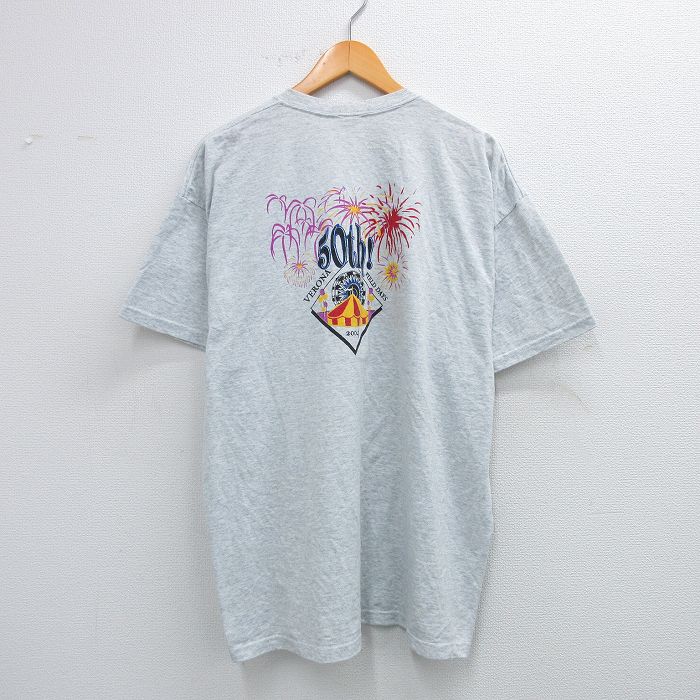 XL★古着 フルーツオブザルーム 半袖 ビンテージ Tシャツ メンズ 00年代 00s 花火 消防士 大きいサイズ クルーネック 薄グレー 霜降り 25jul26 中古