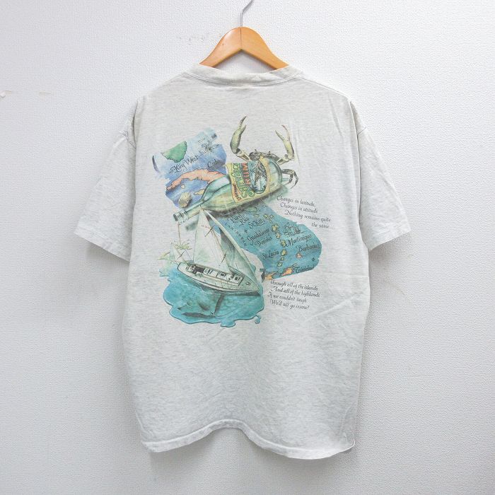 XL★古着 半袖 ビンテージ Tシャツ メンズ 90年代 90s 船 地図 大きいサイズ コットン クルーネック USA製 薄グレー 霜降り 25jul26 中古