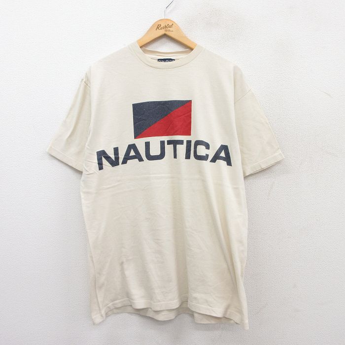 XL★古着 ノーティカ NAUTICA 半袖 ビンテージ ブランド Tシャツ メンズ 90年代 90s ビッグロゴ コットン クルーネック USA製 生成り 【spe】 25jul26 中古