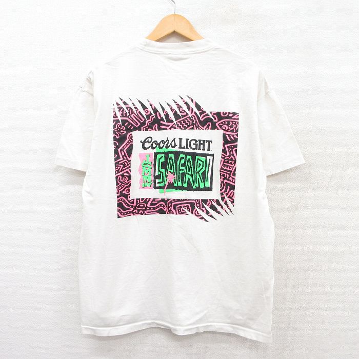 【50%OFF】XL★古着 半袖 ビンテージ Tシャツ メンズ 90年代 90s クアーズライト ビール SAFARI コットン クルーネック USA製 白 ホワイト 25jul26 中古