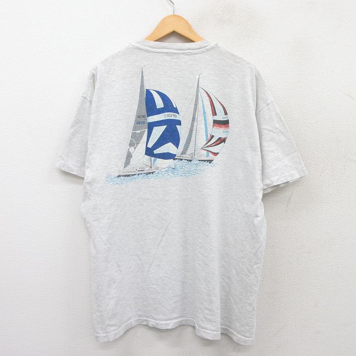 XL★古着 ヘインズ Hanes 半袖 ビンテージ Tシャツ メンズ 90年代 90s ヨット 胸ポケット付き 大きいサイズ クルーネック USA製 薄グレー 霜降り 25jul26 中古