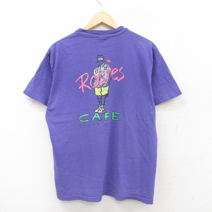 L★古着 ヘインズ Hanes 半袖 ビンテージ Tシャツ メンズ 90年代 90s Rosies CAF? コットン クルーネック USA製 紫 パープル 25jul26 中古