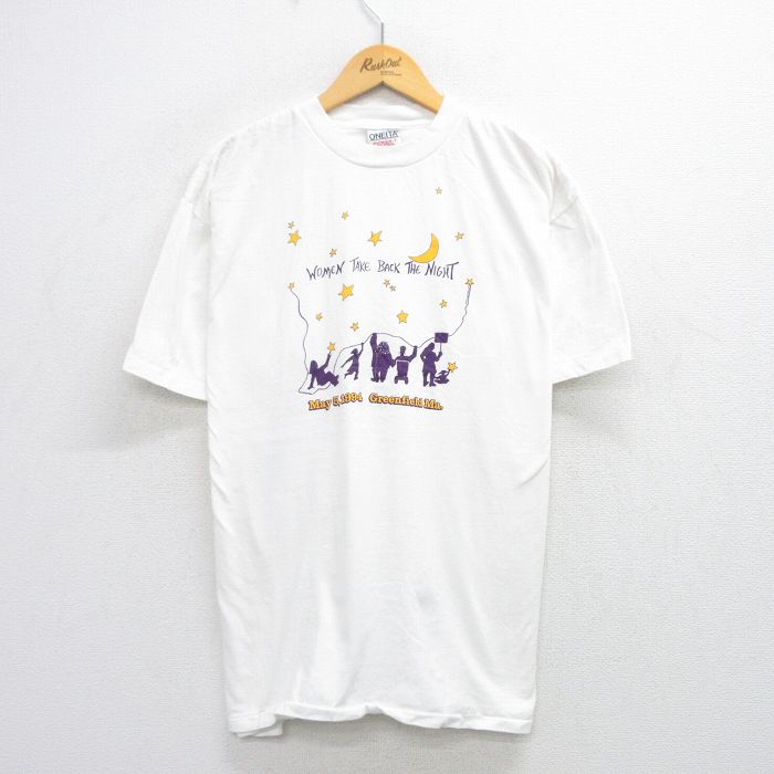 XL★古着 オニータ ONEITA 半袖 ビンテージ Tシャツ メンズ 90年代 90s 星 月 コットン クルーネック USA製 白 ホワイト 25jul26 中古